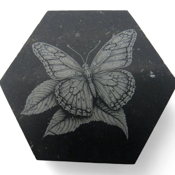 BUTTERFLY and ROSE Tiles Engraved Natural Stone Set of 7 Hexagon Mosaic - Picture 1 of 10